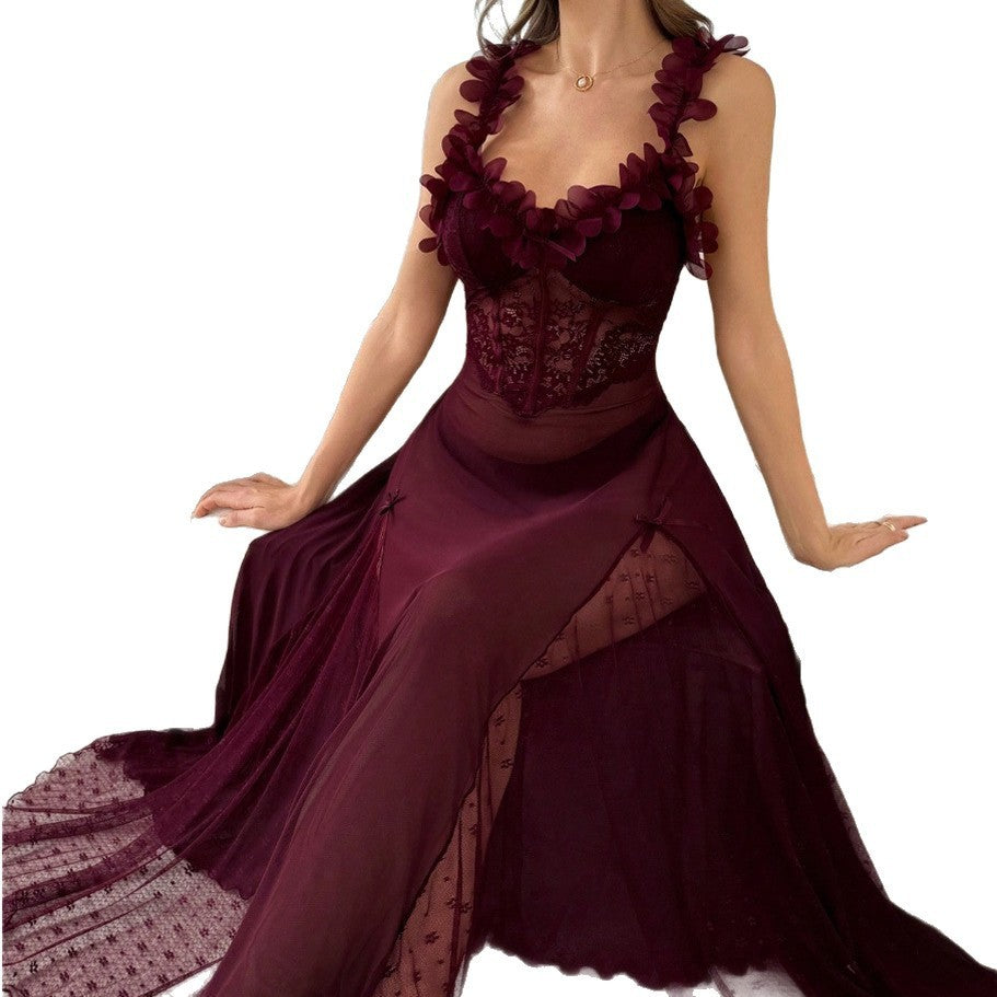 Petal Ruffle Lace Corset Sheer Mesh Maxi Slip