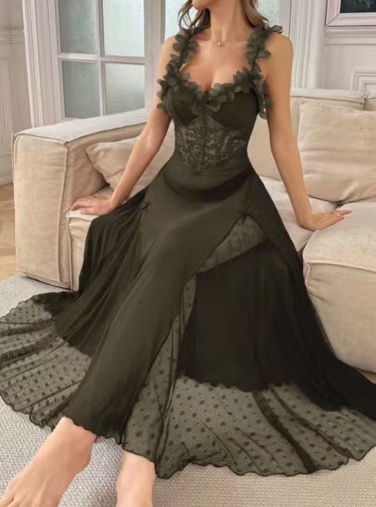 Petal Ruffle Lace Corset Sheer Mesh Maxi Slip