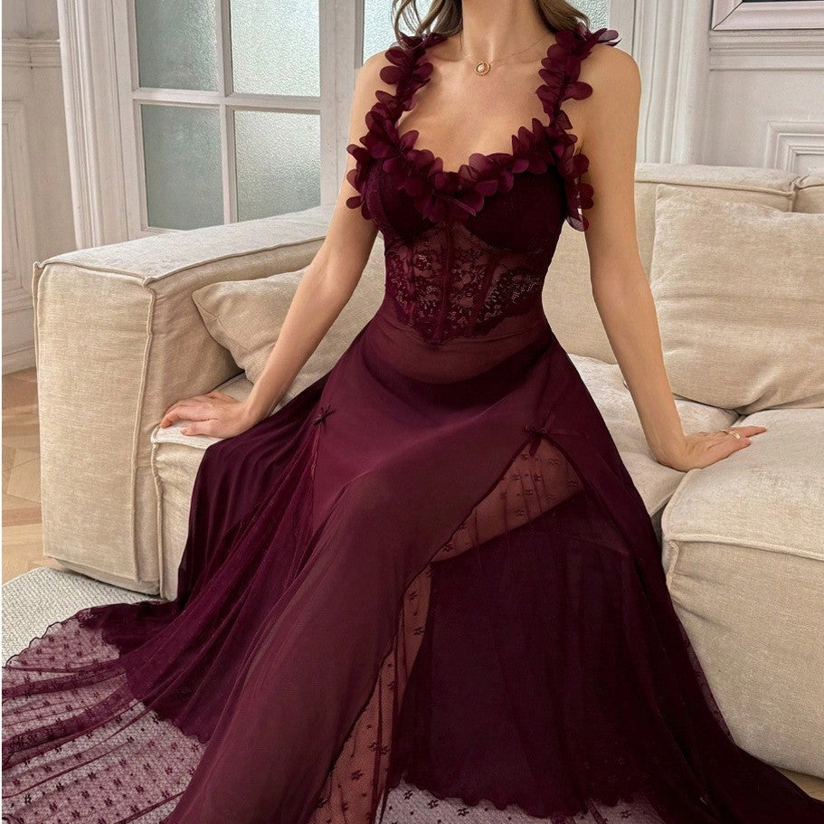 Petal Ruffle Lace Corset Sheer Mesh Maxi Slip