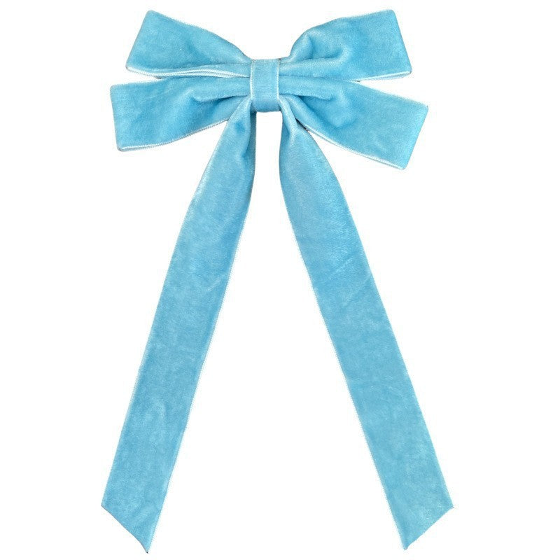 Girls Velvet Bow Hair Clip With Tails - Blue