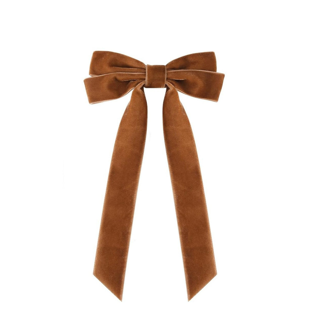 Girls Velvet Bow Hair Clip With Tails - Brown