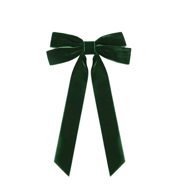Girls Velvet Bow Hair Clip With Tails - DarkGreen