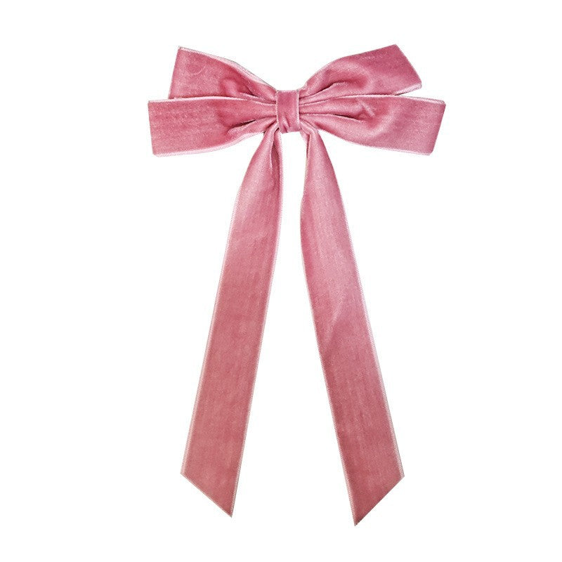 Girls Velvet Bow Hair Clip With Tails - DarkPink