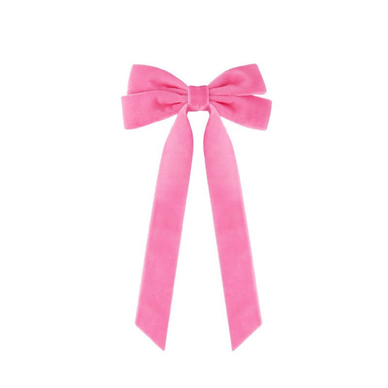 Girls Velvet Bow Hair Clip With Tails - Pink