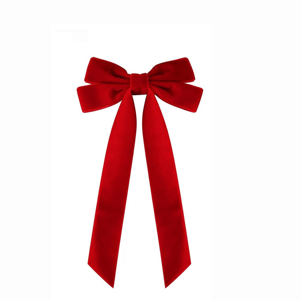 Girls Velvet Bow Hair Clip With Tails - Red