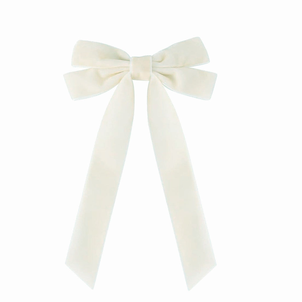 Girls Velvet Bow Hair Clip With Tails - White