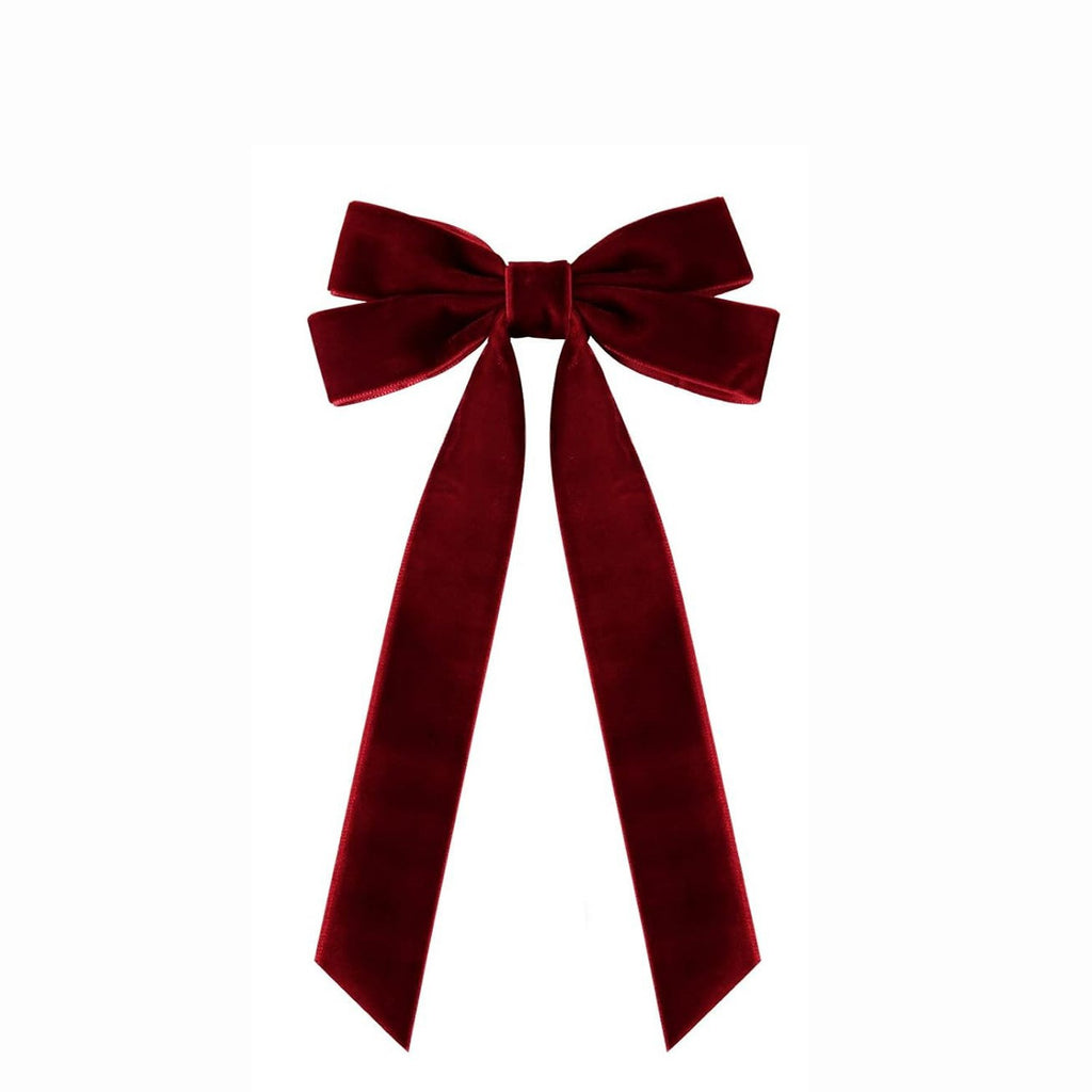 Girls Velvet Bow Hair Clip With Tails - WineRed