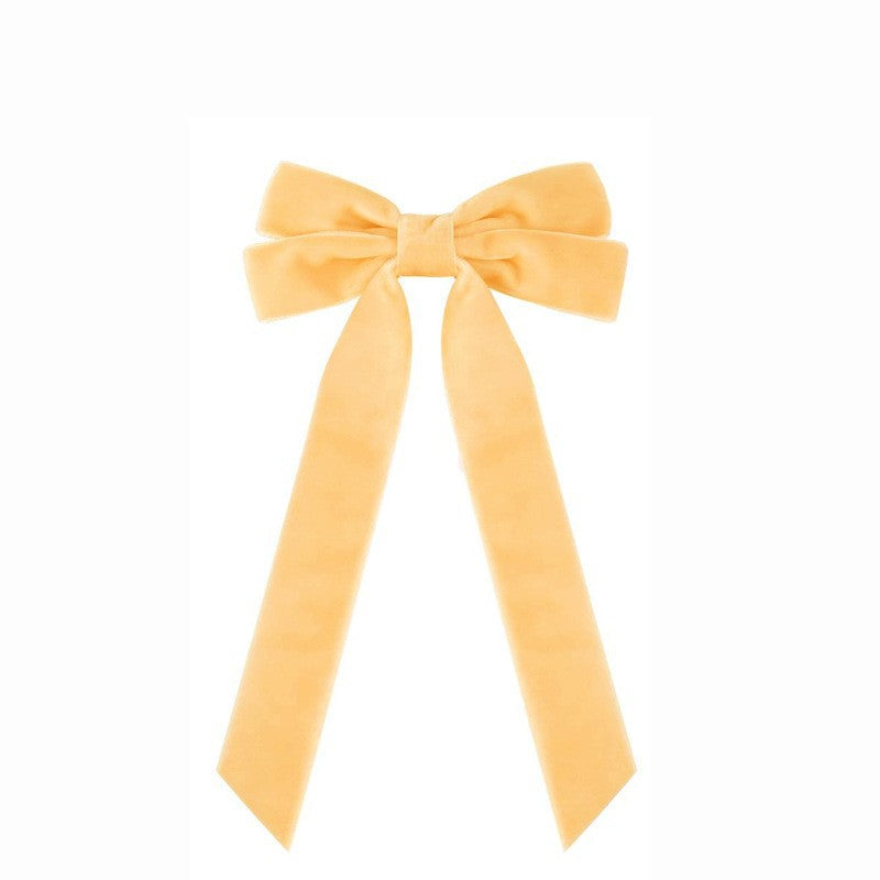 Girls Velvet Bow Hair Clip With Tails - Yellow