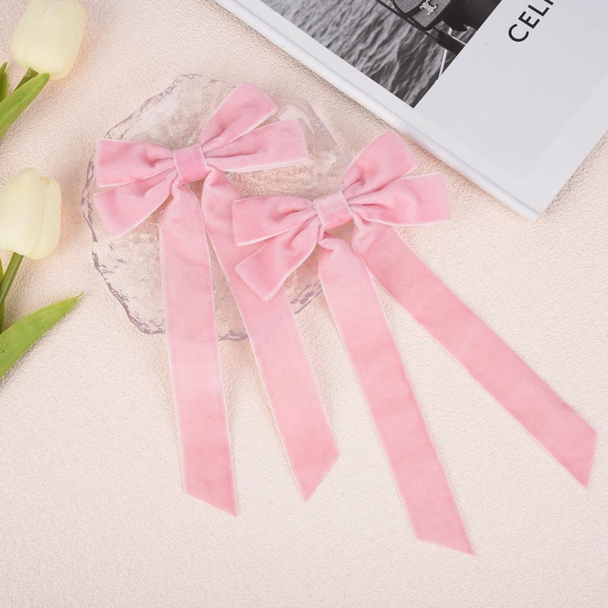Girls Velvet Bow Hair Clip With Tails - view 3