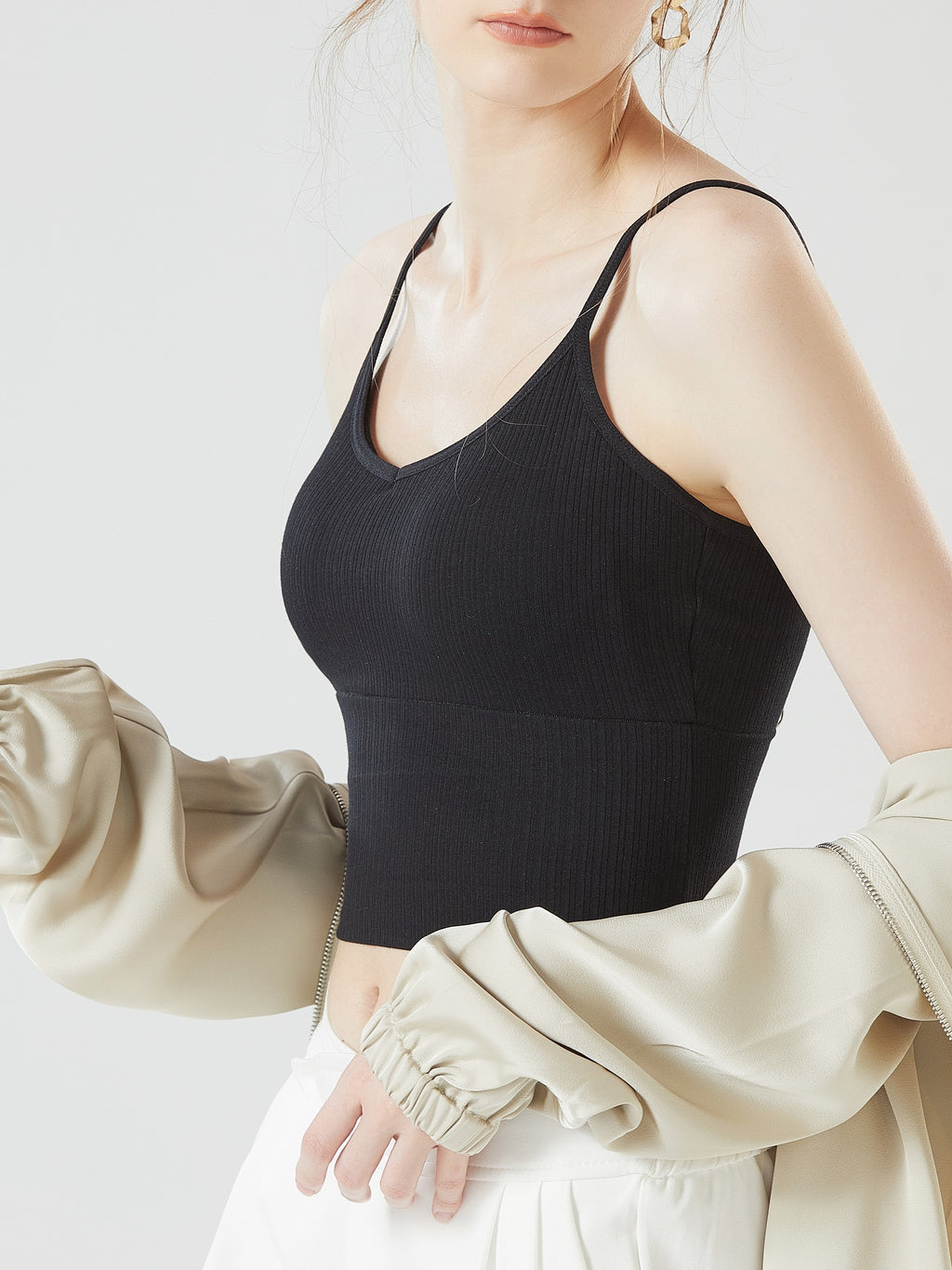 Ribbed Sweetheart Neck Bra Cami Crop Top - Black - 2