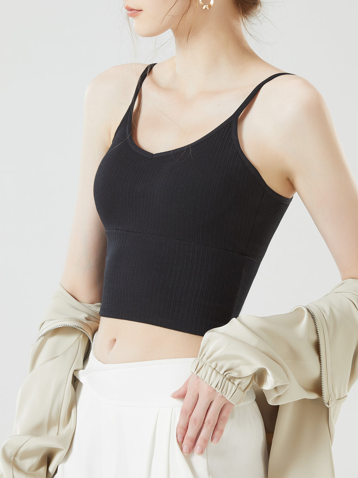 Ribbed Sweetheart Neck Bra Cami Crop Top - Black - 5