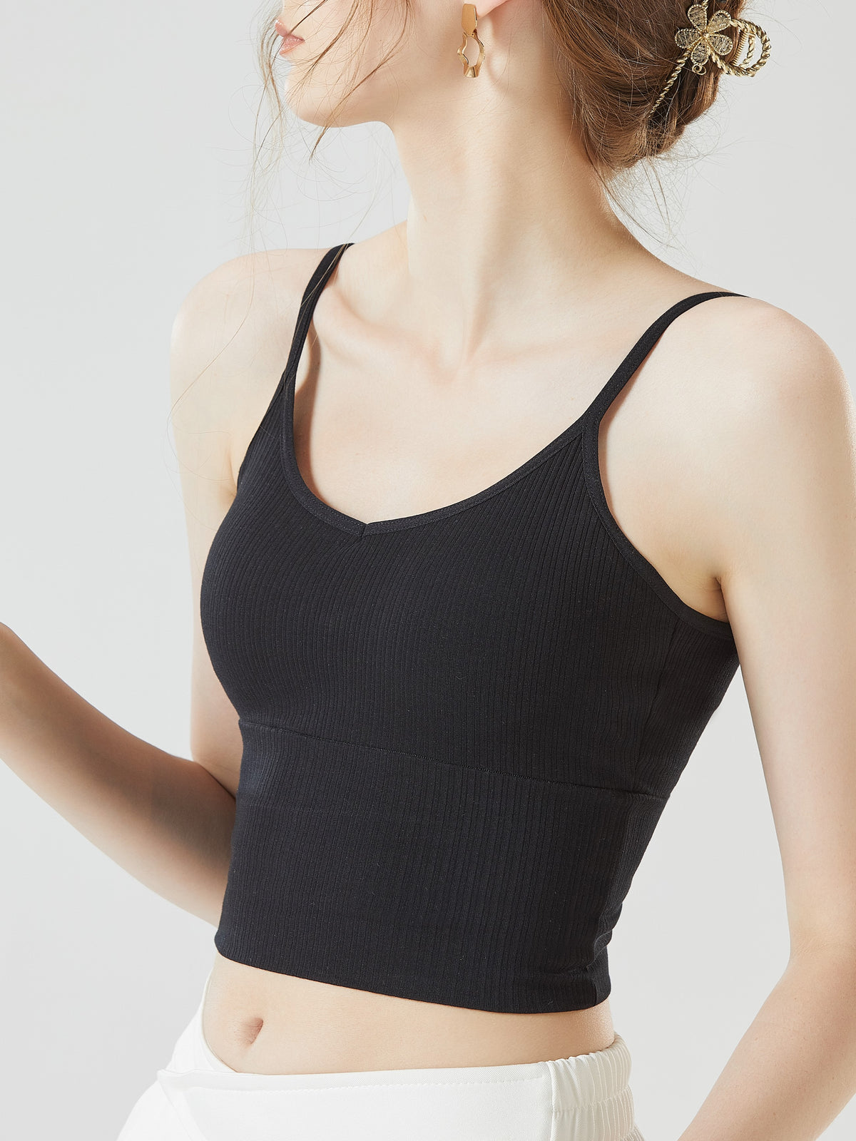 Ribbed Sweetheart Neck Bra Cami Crop Top - Black - 6