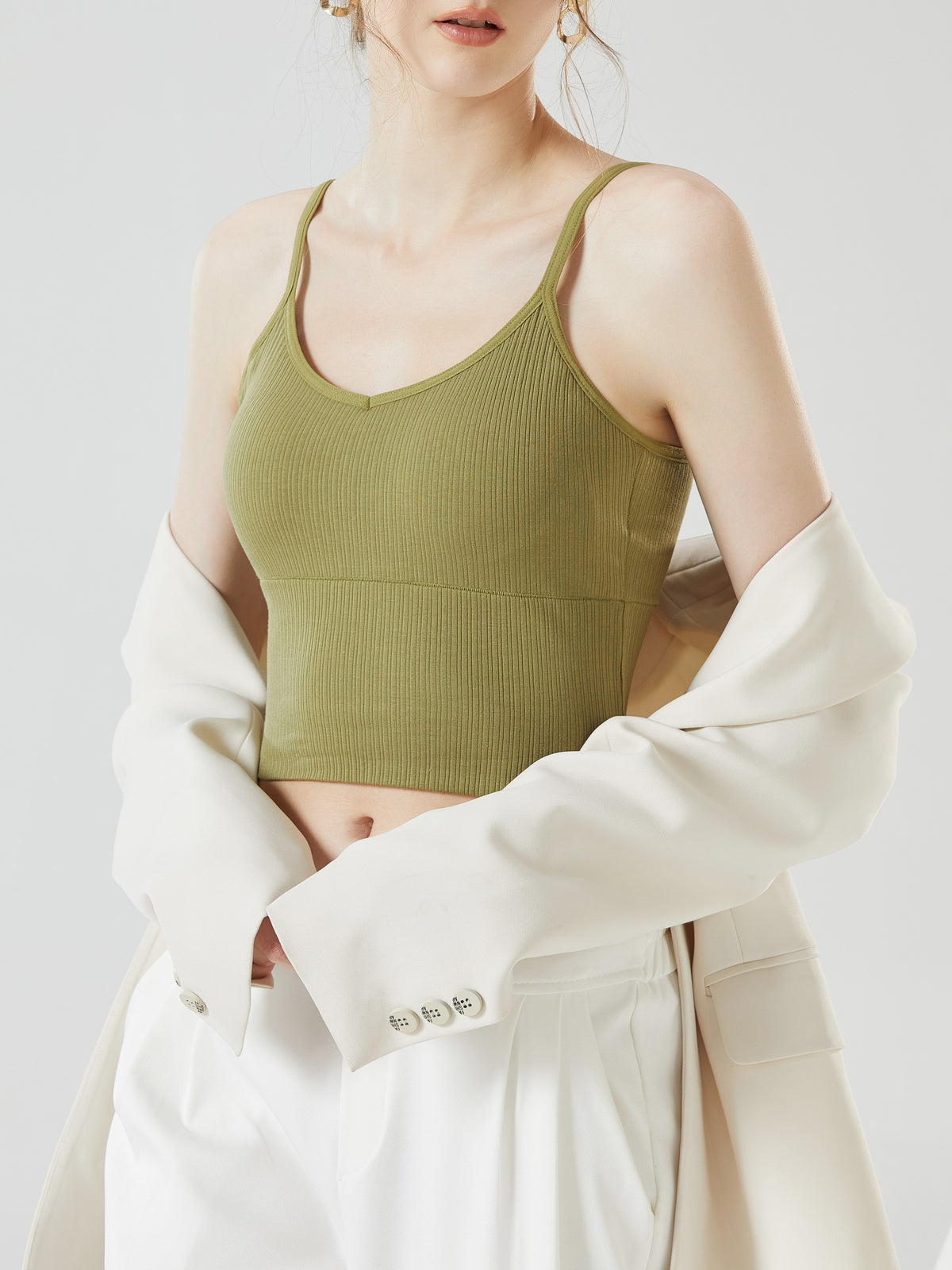 Ribbed Sweetheart Neck Bra Cami Crop Top - Green - 4