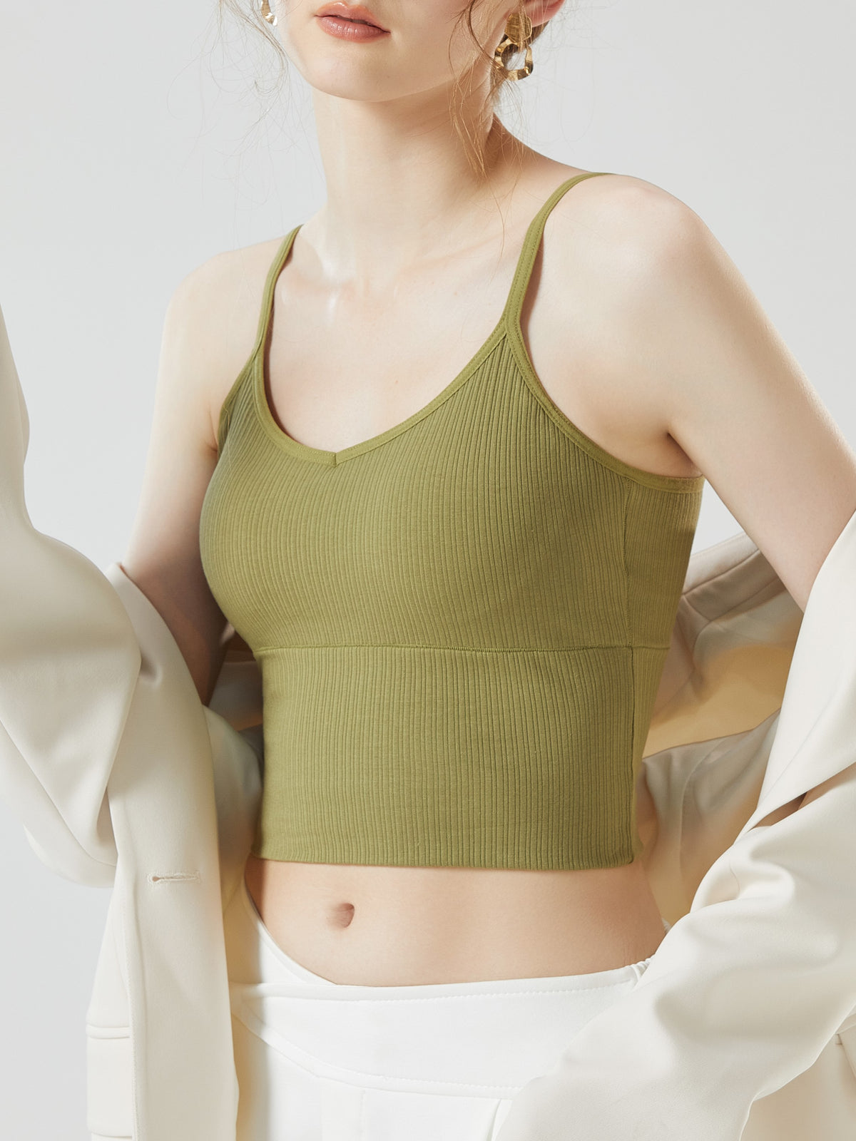 Ribbed Sweetheart Neck Bra Cami Crop Top - Green - 6