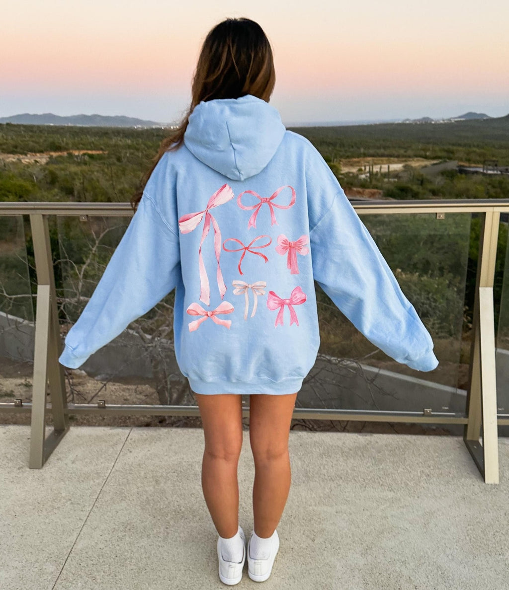 Ribbon Bow Back Print Oversized Hoodie - Blue