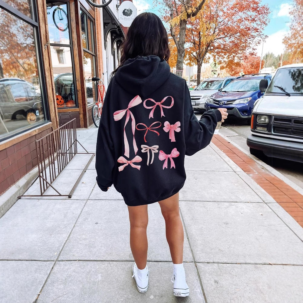 Ribbon Bow Back Print Oversized Hoodie - black