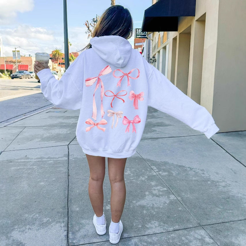 Ribbon Bow Back Print Oversized Hoodie - white