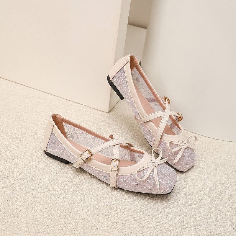 Lace Mesh Bow Mary Jane Ballet Flats - Cream