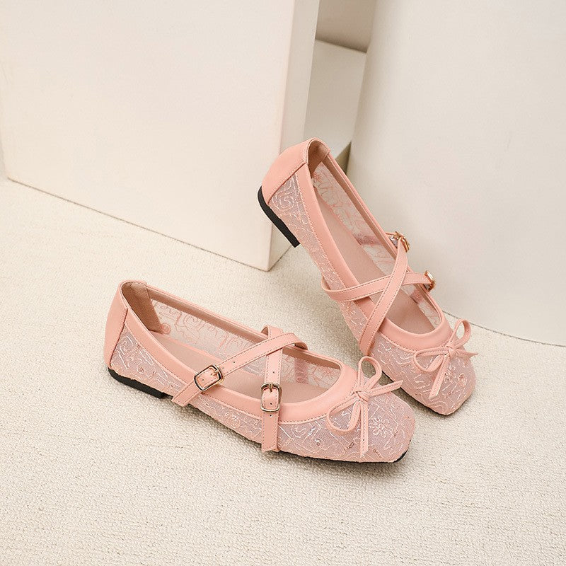 Lace Mesh Bow Mary Jane Ballet Flats - Pink