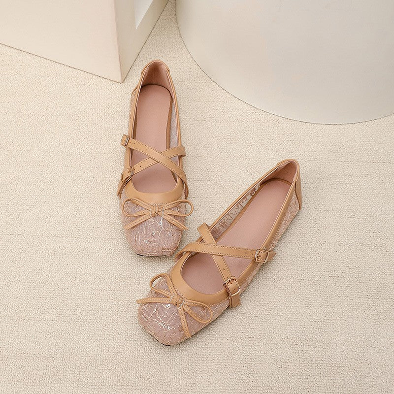 Lace Mesh Bow Mary Jane Ballet Flats