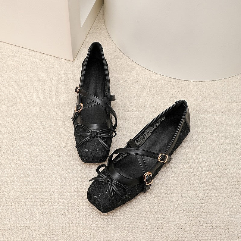 Lace Mesh Bow Mary Jane Ballet Flats