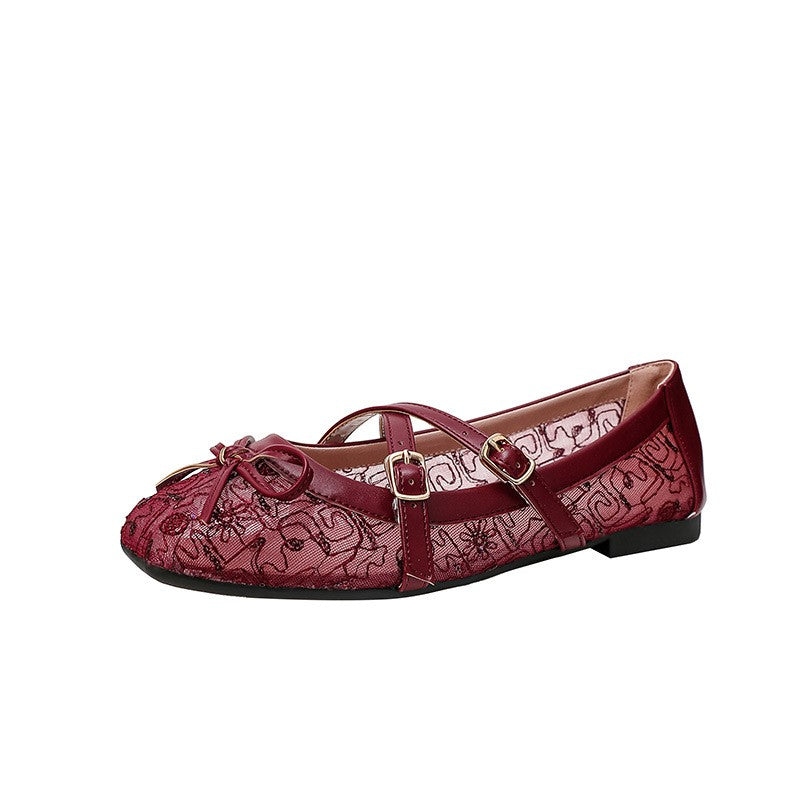 Lace Mesh Bow Mary Jane Ballet Flats