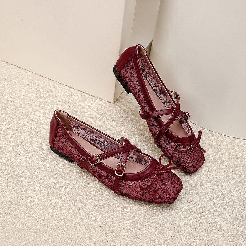 Lace Mesh Bow Mary Jane Ballet Flats