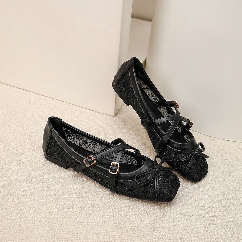 Lace Mesh Bow Mary Jane Ballet Flats