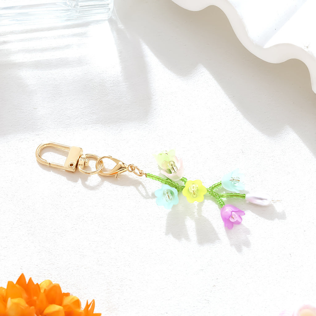 Pastel Flower Spray Charm Keyring - Gold - 1