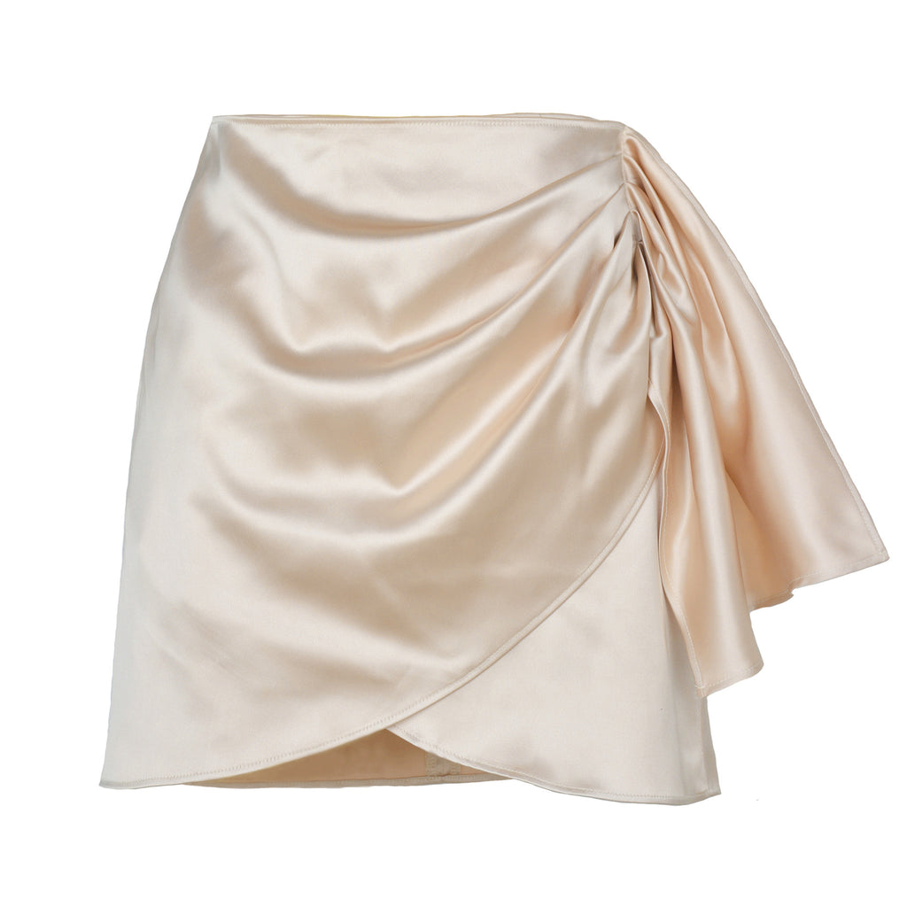 Draped Satin Wrap Mini Skirt - Beige