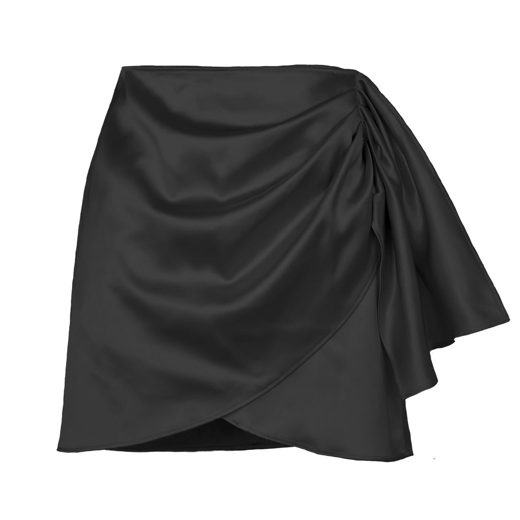 Draped Satin Wrap Mini Skirt - Black