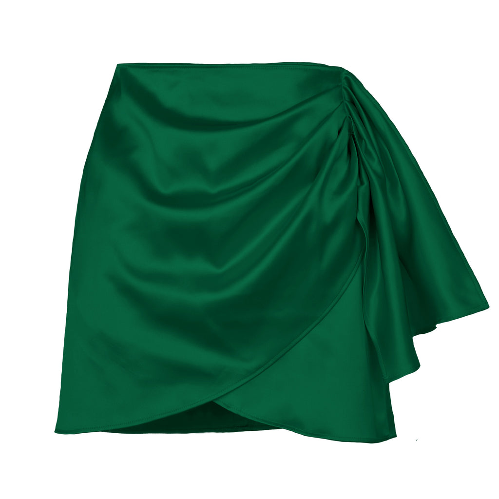 Draped Satin Wrap Mini Skirt - Green - 1