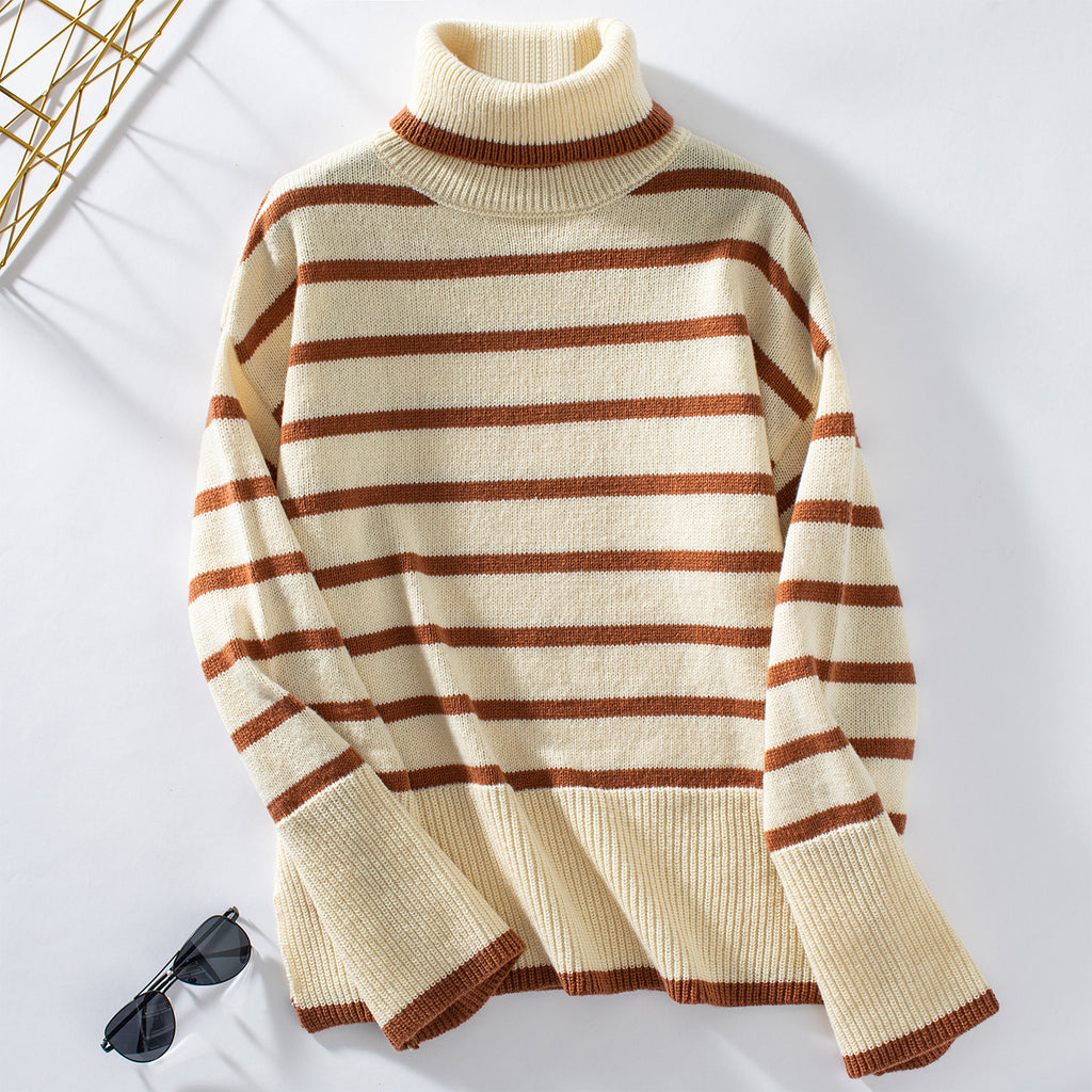 Breton Stripe Turtleneck Knit Sweater - Apricot