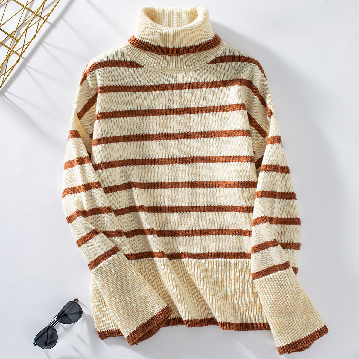 Breton Stripe Turtleneck Knit Sweater - Apricot