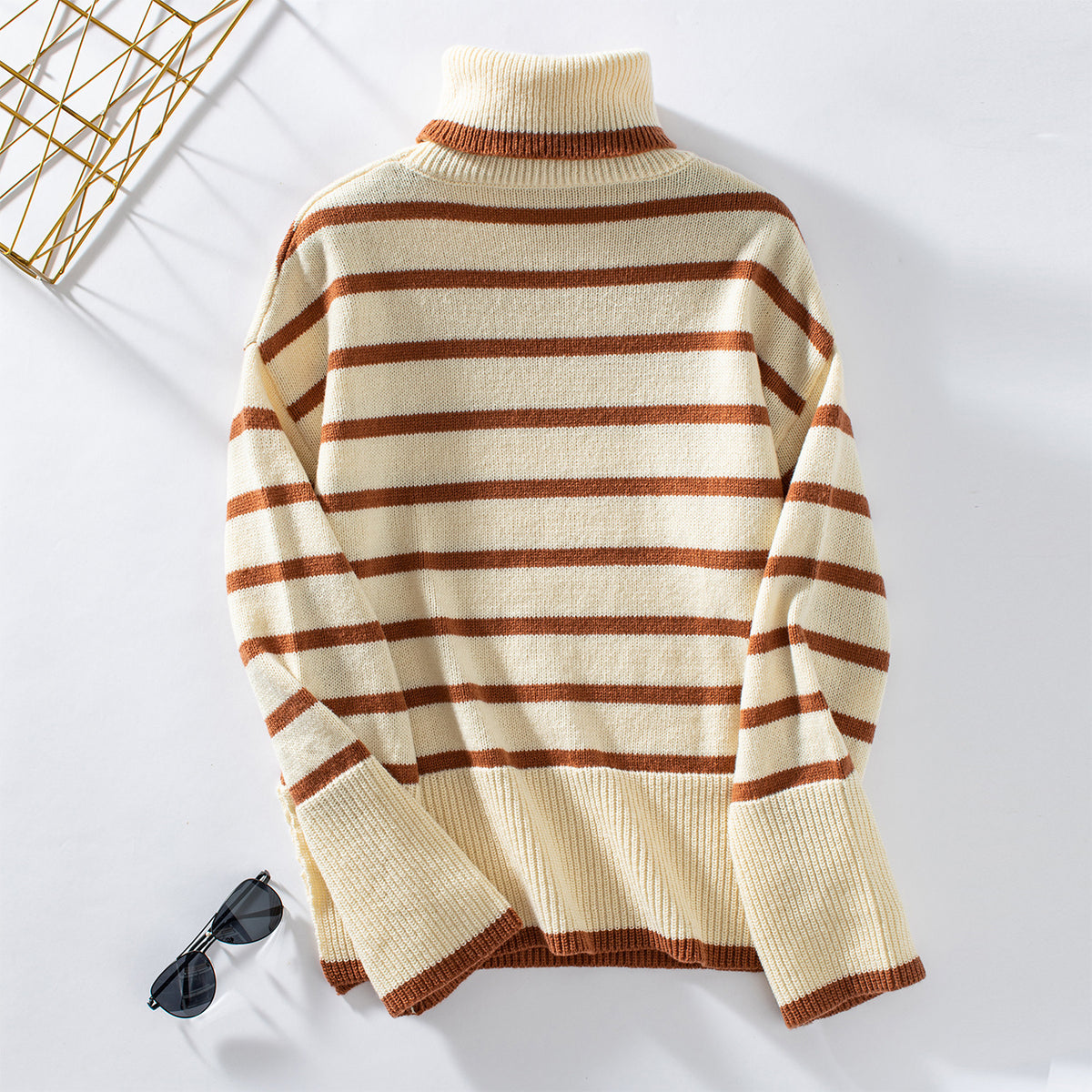 Breton Stripe Turtleneck Knit Sweater - Apricot - 1