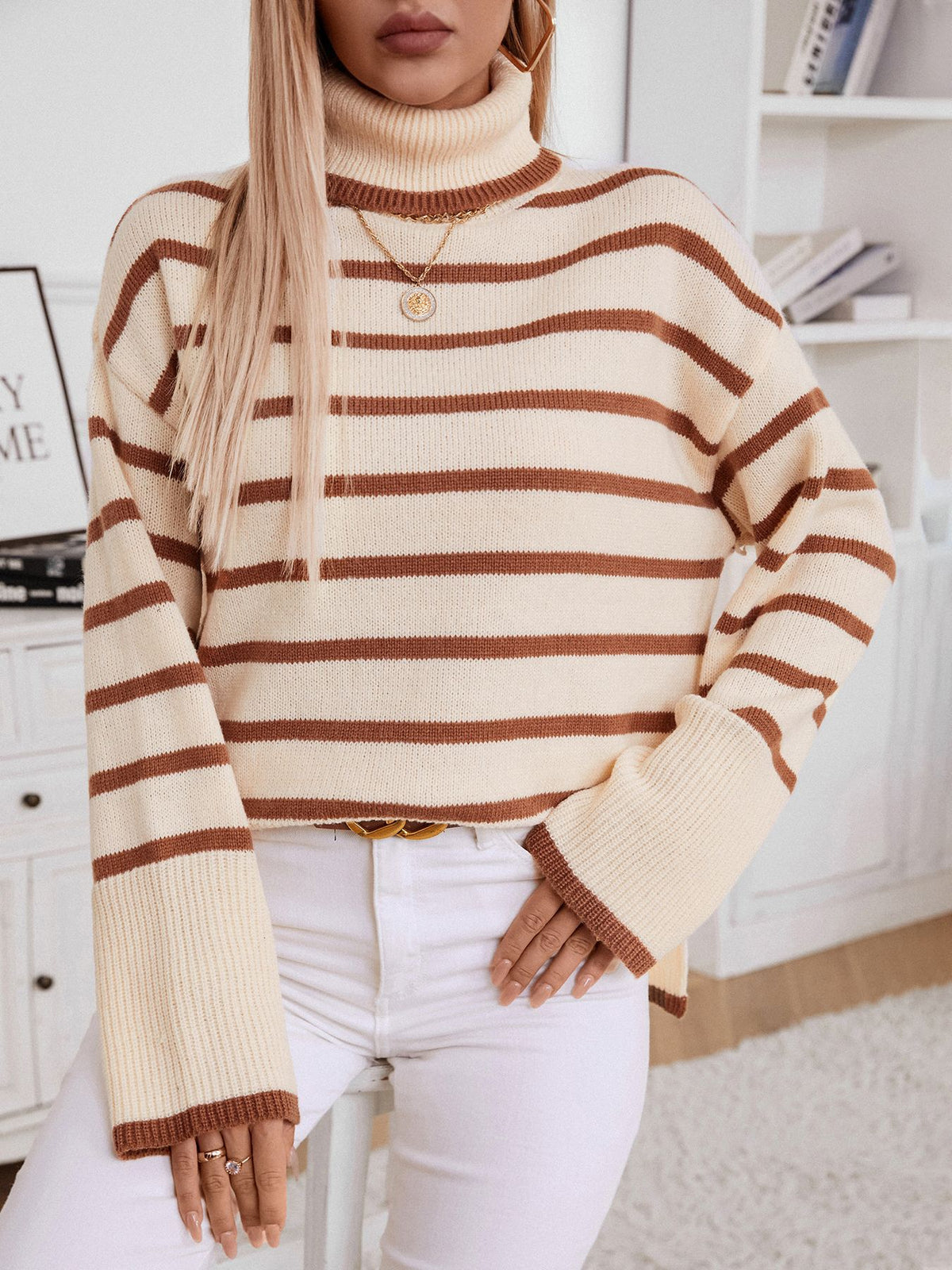 Breton Stripe Turtleneck Knit Sweater - Apricot - 2