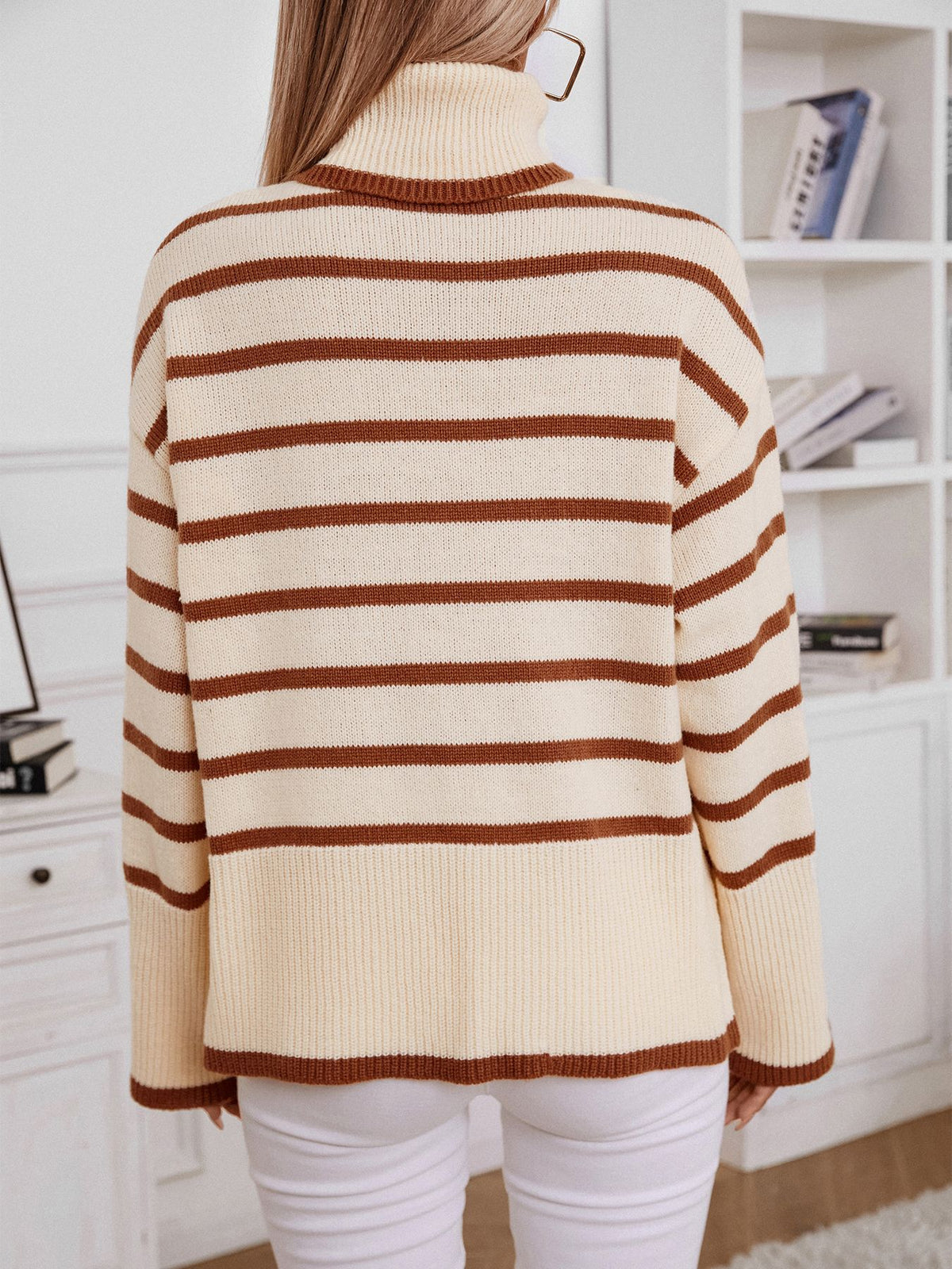 Breton Stripe Turtleneck Knit Sweater - Apricot - 3
