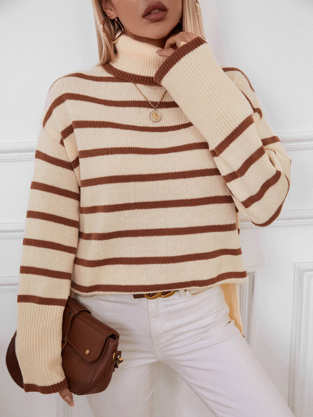 Breton Stripe Turtleneck Knit Sweater - Apricot - 4