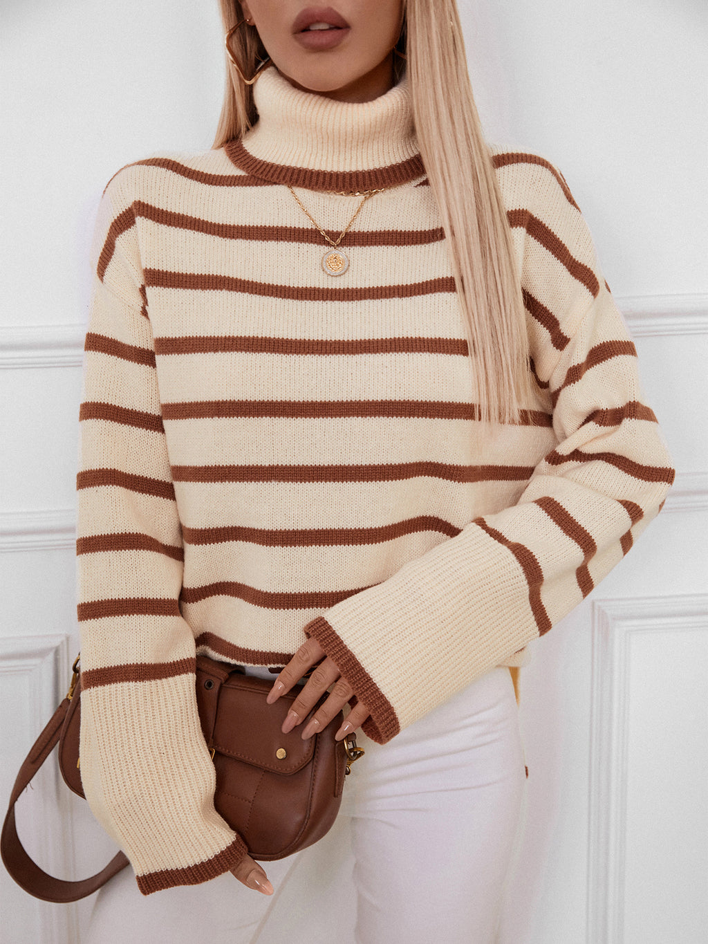 Breton Stripe Turtleneck Knit Sweater - Apricot - 5