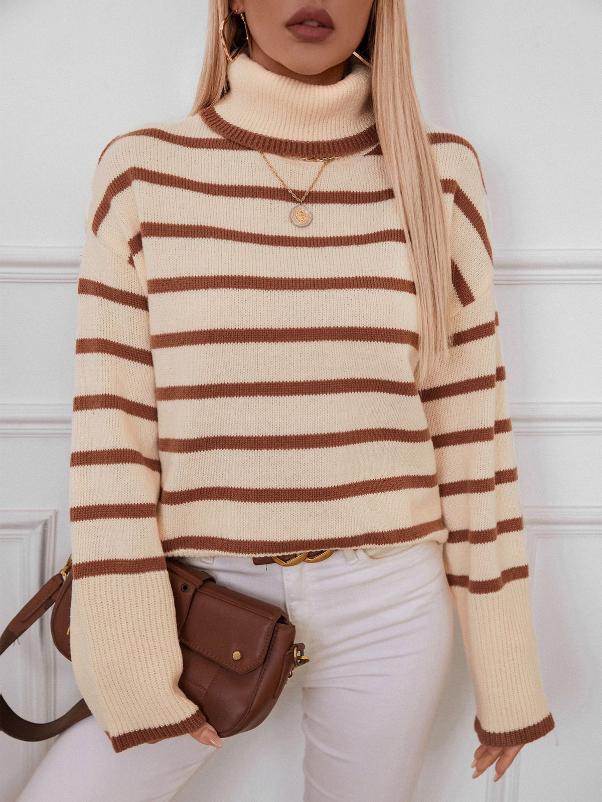 Breton Stripe Turtleneck Knit Sweater - Apricot - 6