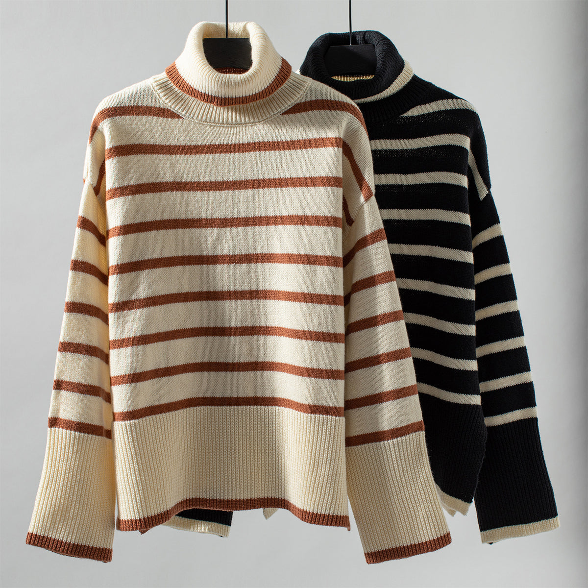 Breton Stripe Turtleneck Knit Sweater - Black
