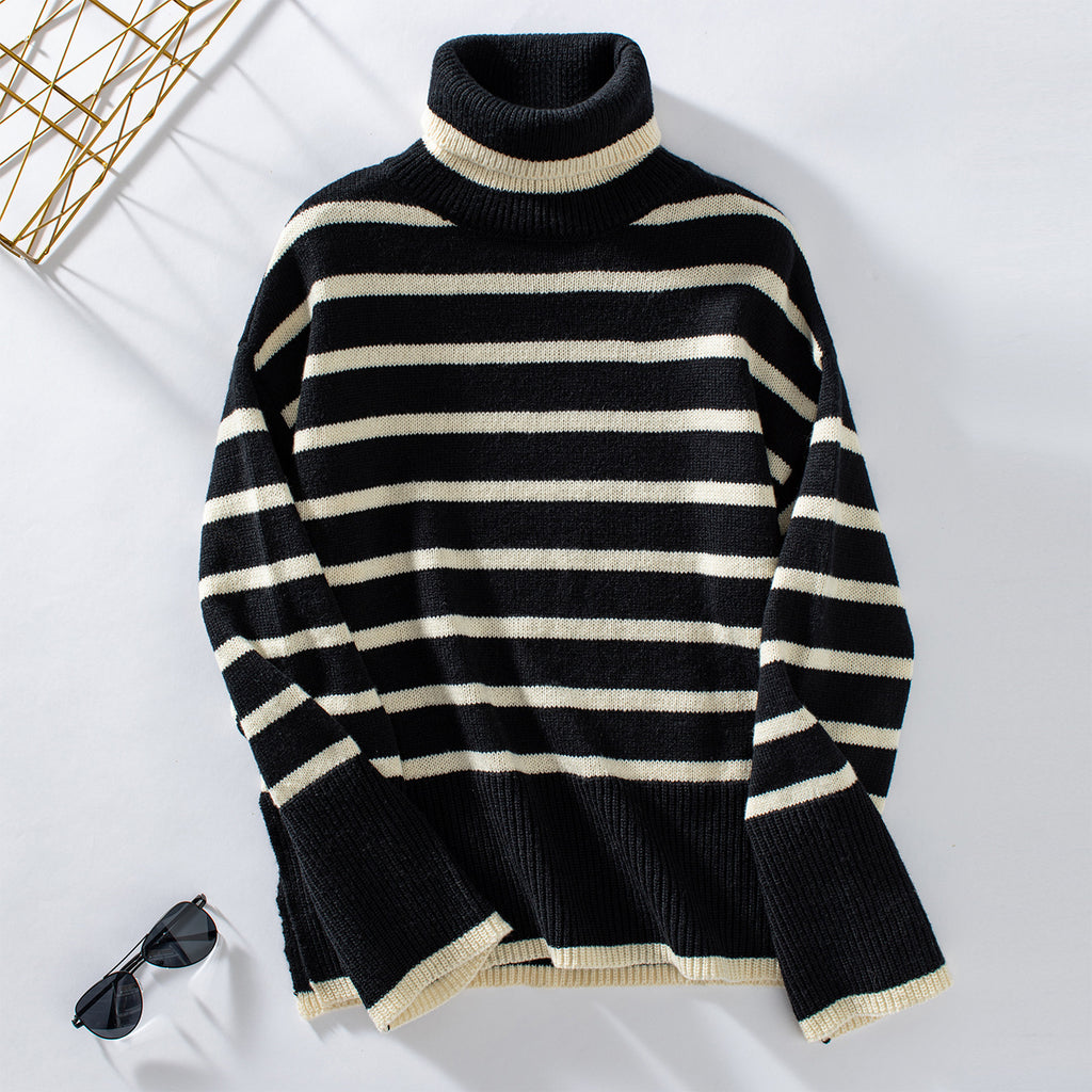 Breton Stripe Turtleneck Knit Sweater - Black - 1