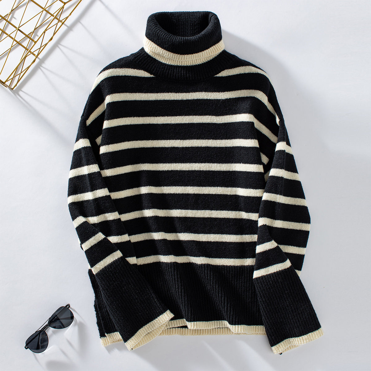 Breton Stripe Turtleneck Knit Sweater - Black - 1