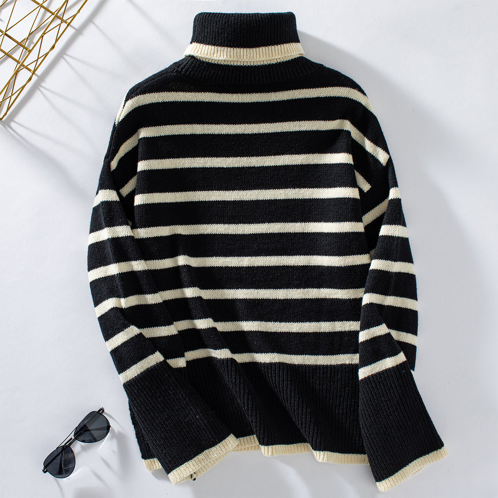 Breton Stripe Turtleneck Knit Sweater - Black - 2