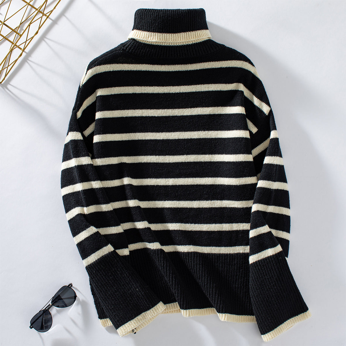 Breton Stripe Turtleneck Knit Sweater - Black - 2