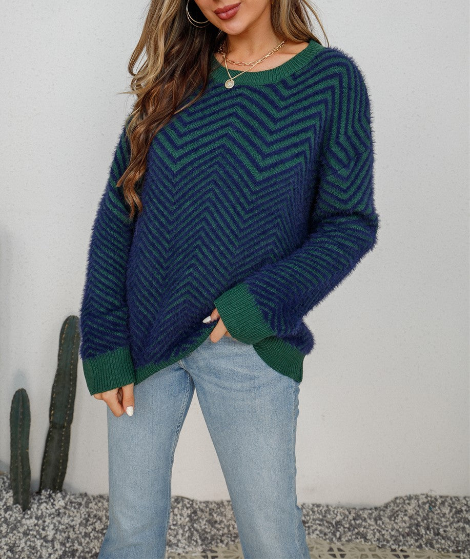 Chevron Textured Contrast Trim Crew Neck Sweater - Blue