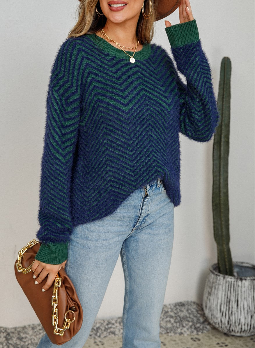 Chevron Textured Contrast Trim Crew Neck Sweater - Blue - 3