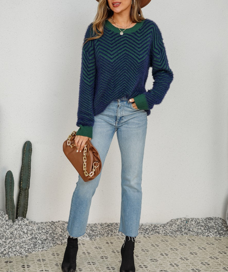 Chevron Textured Contrast Trim Crew Neck Sweater - Blue - 4