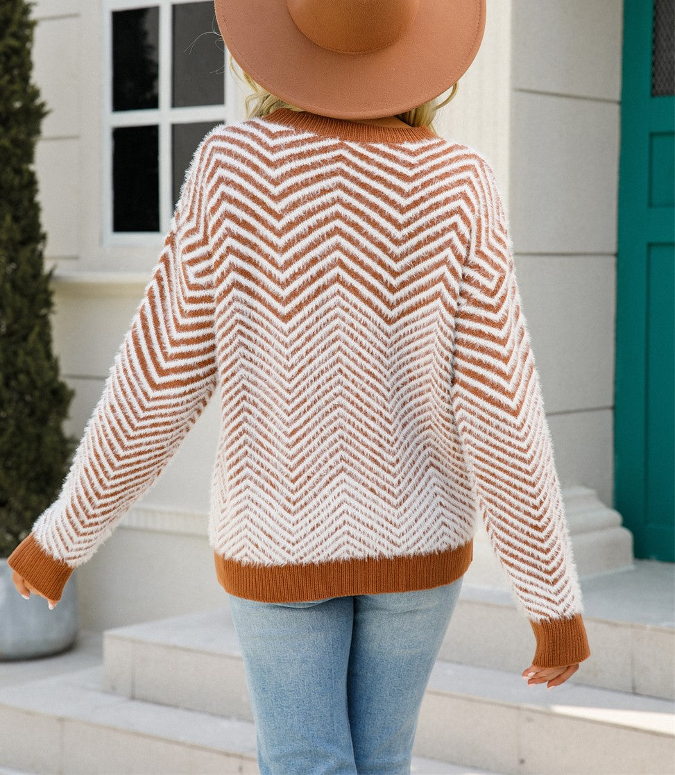 Chevron Textured Contrast Trim Crew Neck Sweater - Brown - 6