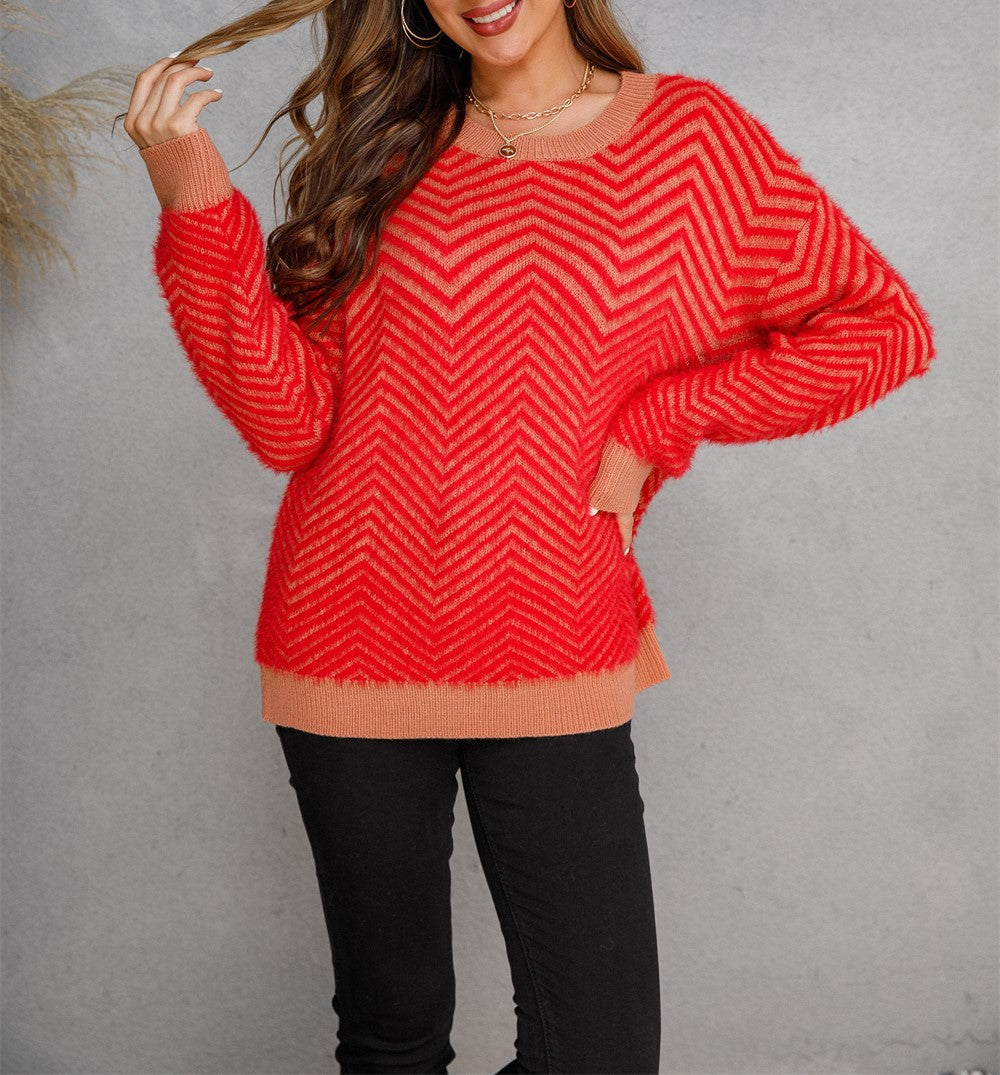 Chevron Textured Contrast Trim Crew Neck Sweater - Red